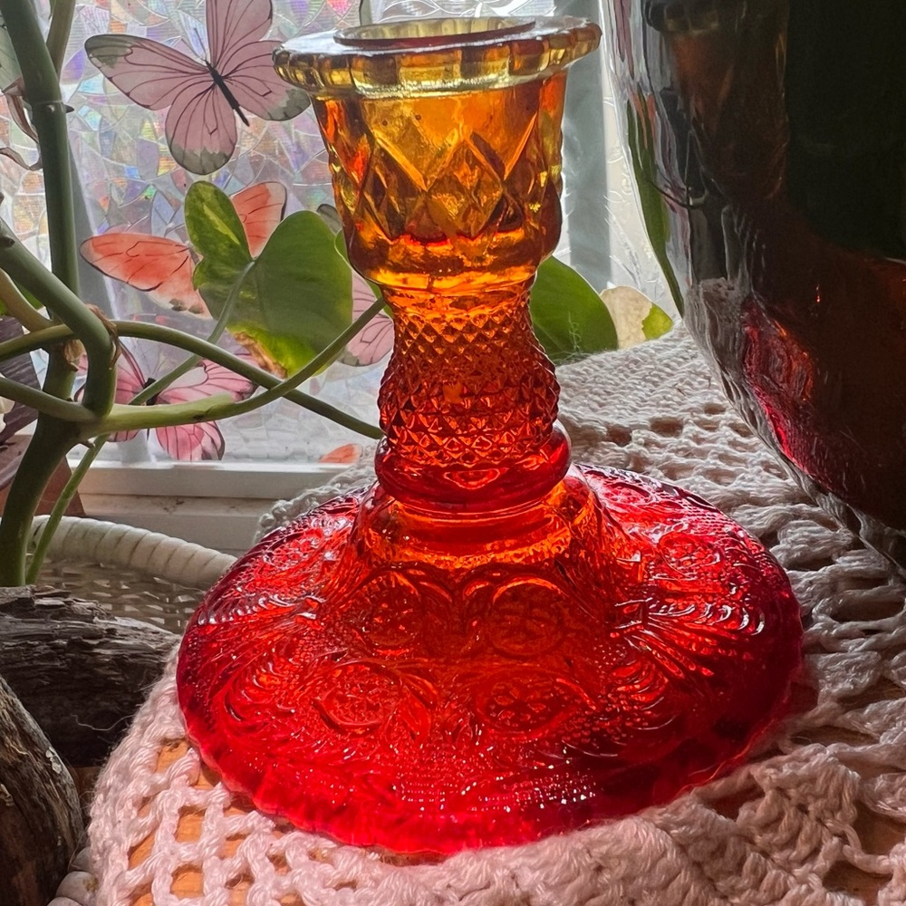 Vintage Red and Orange Glass Candle Holder